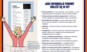 Ilustracja przedstawia kobietę z podniesionymi rękami obok CV i stosu książek.