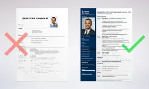 Fragment CV z zaznaczonymi sekcjami "Edukacja" i "Doświadczenie" oraz zielonym zaznaczeniem.