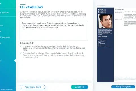 Fragment CV z sekcją "Cel zawodowy" i przykładami.
