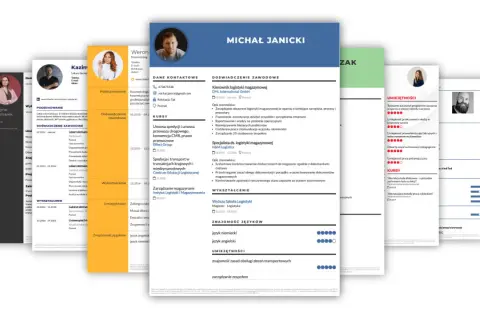 Fragmenty CV z danymi kontaktowymi, doświadczeniem i umiejętnościami.