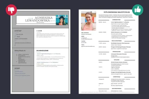 Zdjęcie przedstawia CV z portretem uśmiechniętej kobiety w stroju nauczycielki.
