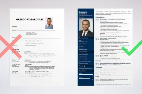 Fragment CV z zaznaczonymi sekcjami "Edukacja" i "Doświadczenie" oraz zielonym zaznaczeniem.