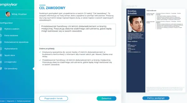 Fragment CV z sekcją "Cel zawodowy" i przykładami.