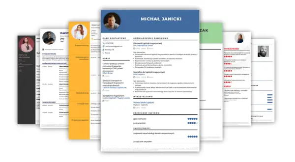 Fragmenty CV z danymi kontaktowymi, doświadczeniem i umiejętnościami.