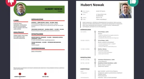 Przykładowe CV po polsku z sekcjami: dane, doświadczenie, wykształcenie, umiejętności.