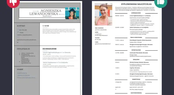 Zdjęcie przedstawia CV z portretem uśmiechniętej kobiety w stroju nauczycielki.