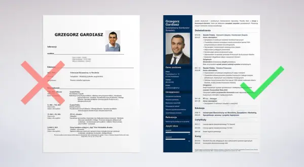 Fragment CV z zaznaczonymi sekcjami "Edukacja" i "Doświadczenie" oraz zielonym zaznaczeniem.