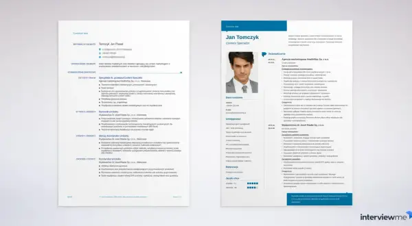 Zdjęcie przedstawia fragment CV z portretem mężczyzny i szczegółami doświadczenia zawodowego.