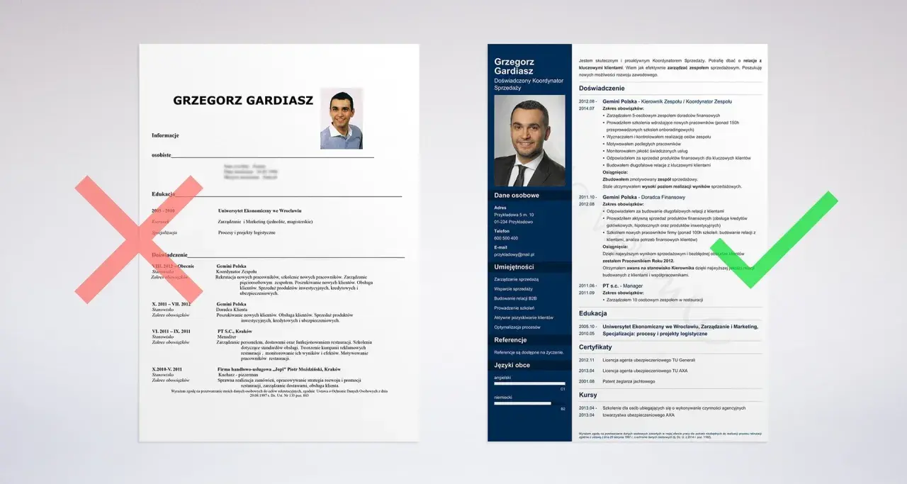 Fragment CV z zaznaczonymi sekcjami "Edukacja" i "Doświadczenie" oraz zielonym zaznaczeniem.