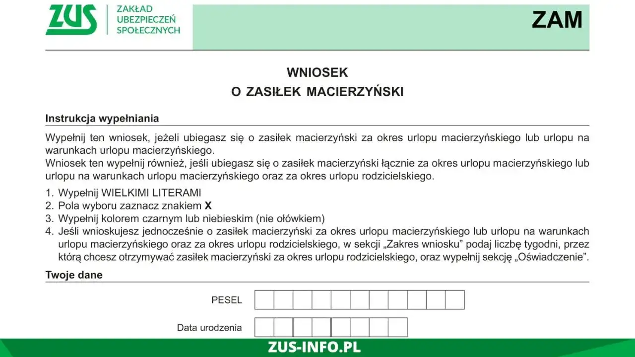 dokumenty do zasiłku macierzyńskiego ZUS