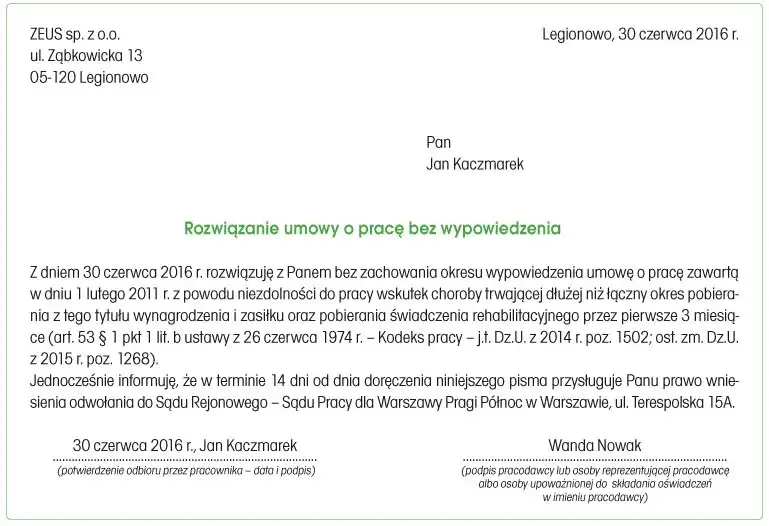 dokumenty zwolnienie pracownika art 53 kodeks pracy
