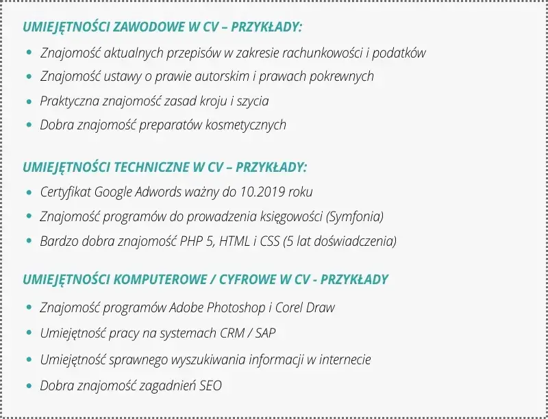 Przykłady umiejętności twardych w CV
