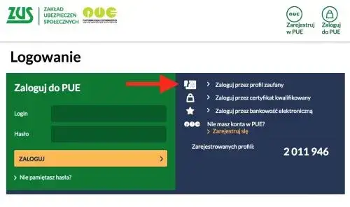 PUE ZUS strona gł&oacute;wna logowanie
