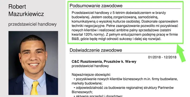 przykładowe podsumowanie zawodowe w CV