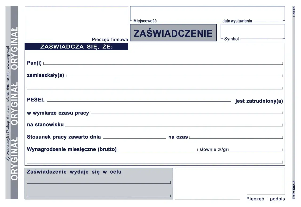 zaświadczenie o zatrudnieniu zastosowania