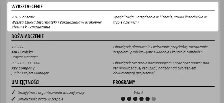 przykłady sekcji edukacja CV
