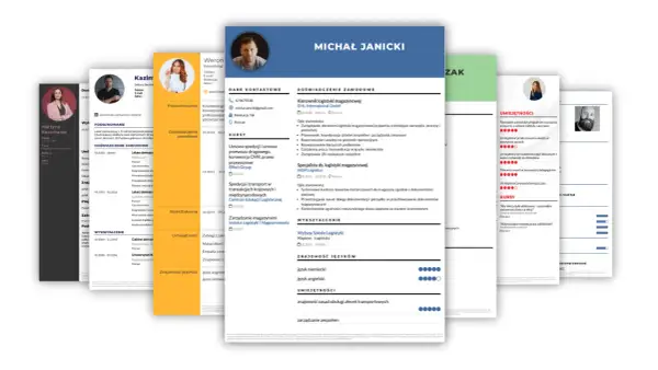 Fragmenty CV z danymi kontaktowymi, doświadczeniem i umiejętnościami.