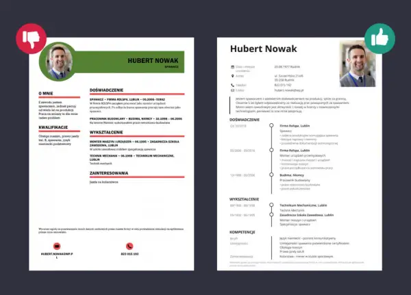 Przykładowe CV po polsku z sekcjami: dane, doświadczenie, wykształcenie, umiejętności.