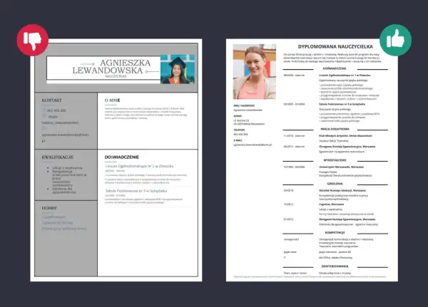 Zdjęcie przedstawia CV z portretem uśmiechniętej kobiety w stroju nauczycielki.