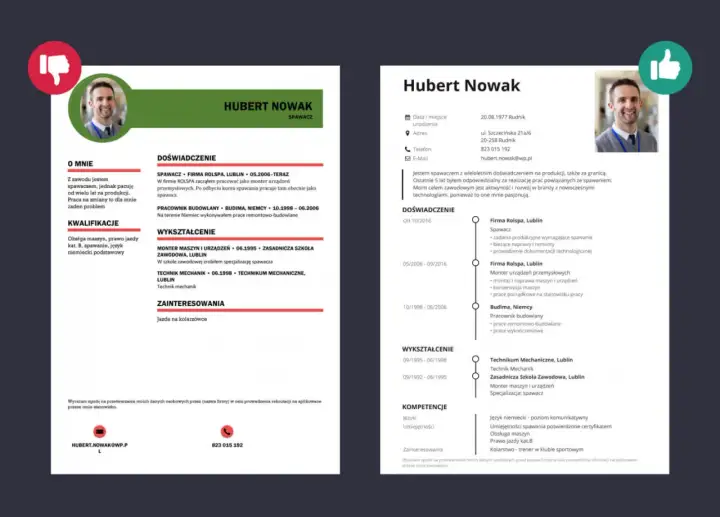 Przykładowe CV po polsku z sekcjami: dane, doświadczenie, wykształcenie, umiejętności.